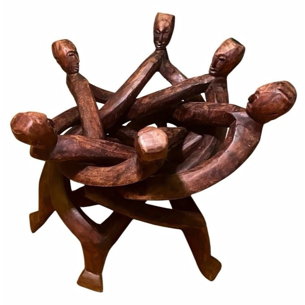 Large Vintage African Carved Wood Unity Figures Sculpture 18” x 22” Folk Art